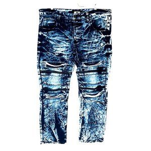 Gray Earth Acid Wash Indigo Jeans Men's 40x31 Thigh Zippers Distressed Bootcut